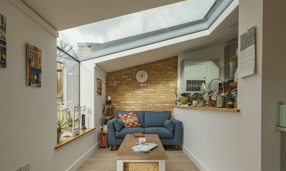 Inspirational image of our Flushglaze skylight in a kitchen extension, a fixed roof and wall window.